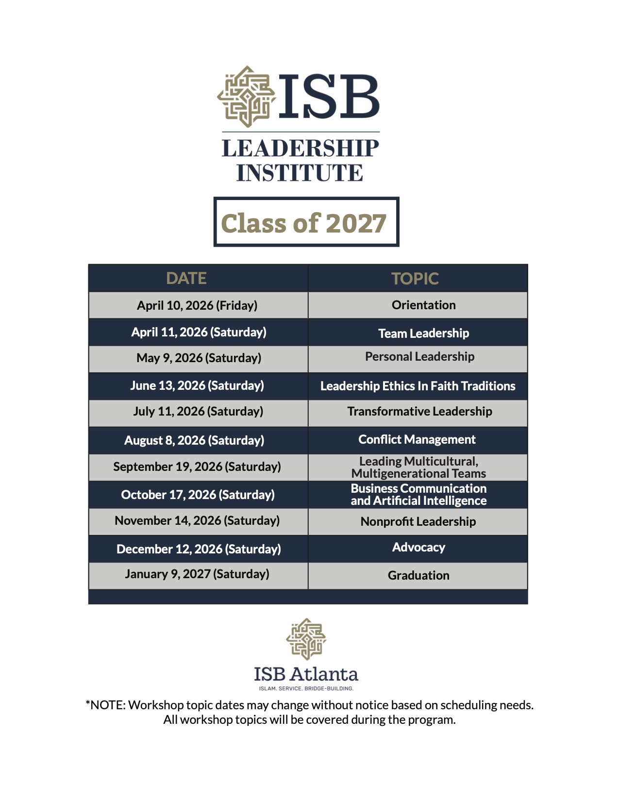 Class of 2027 Schedule