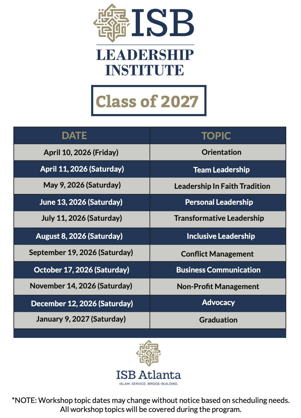 Class of 2027 Schedule