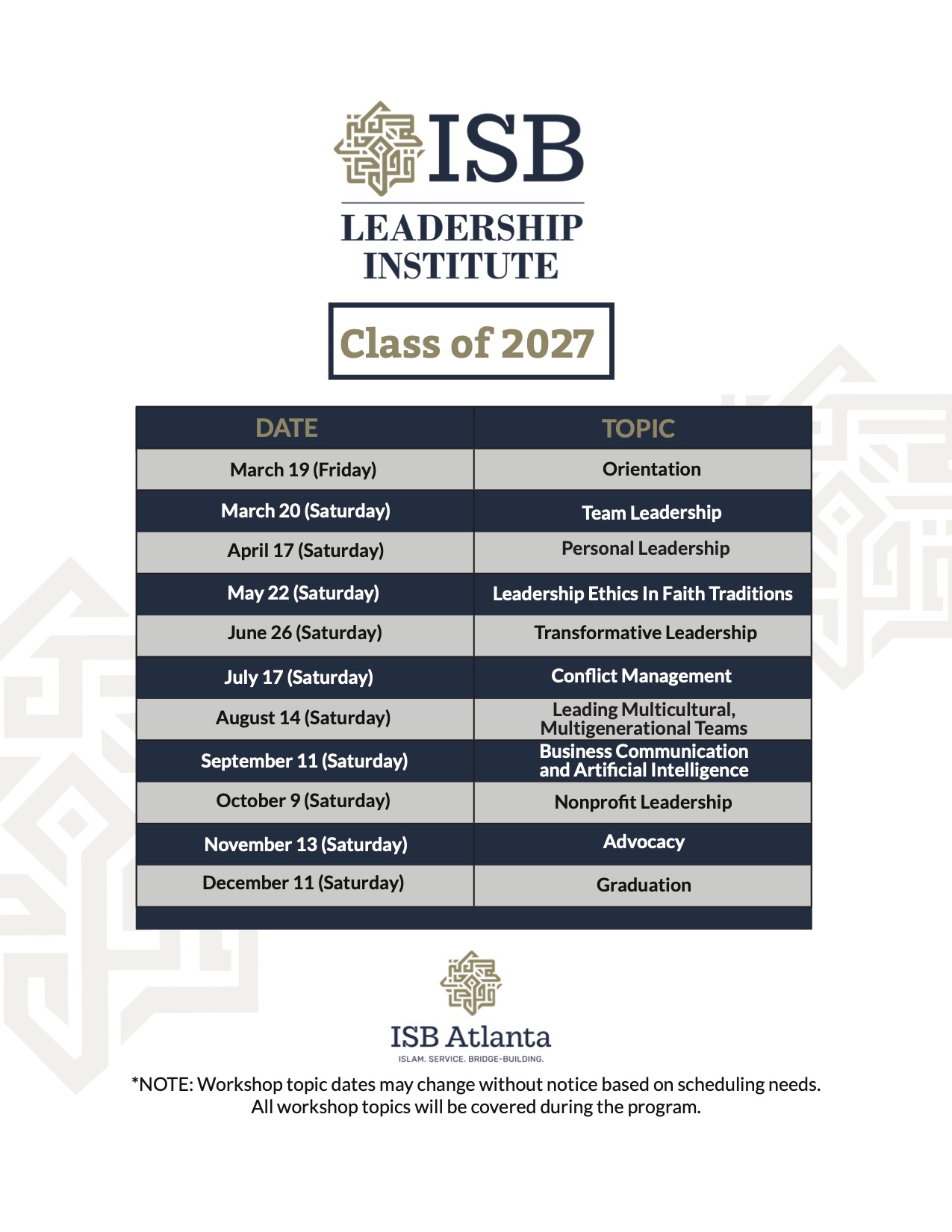 Class of 2027 Schedule